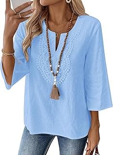 Womens Tops 3/4 Sleeve V Neck Cotton Linen Casual Blouses — image 1