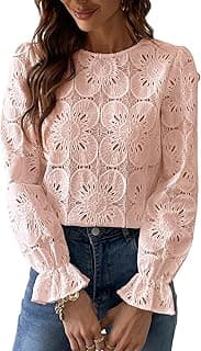Women Blouse Cutout Flower Top Round Neck Long Sleeve Elas — image 1