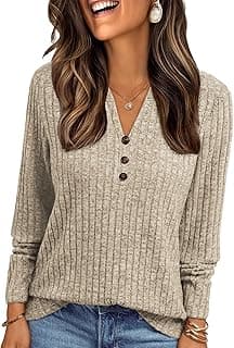 Womens V Neck Knit Tunic Tops Long Sleeve Lightweight Rib — image 1